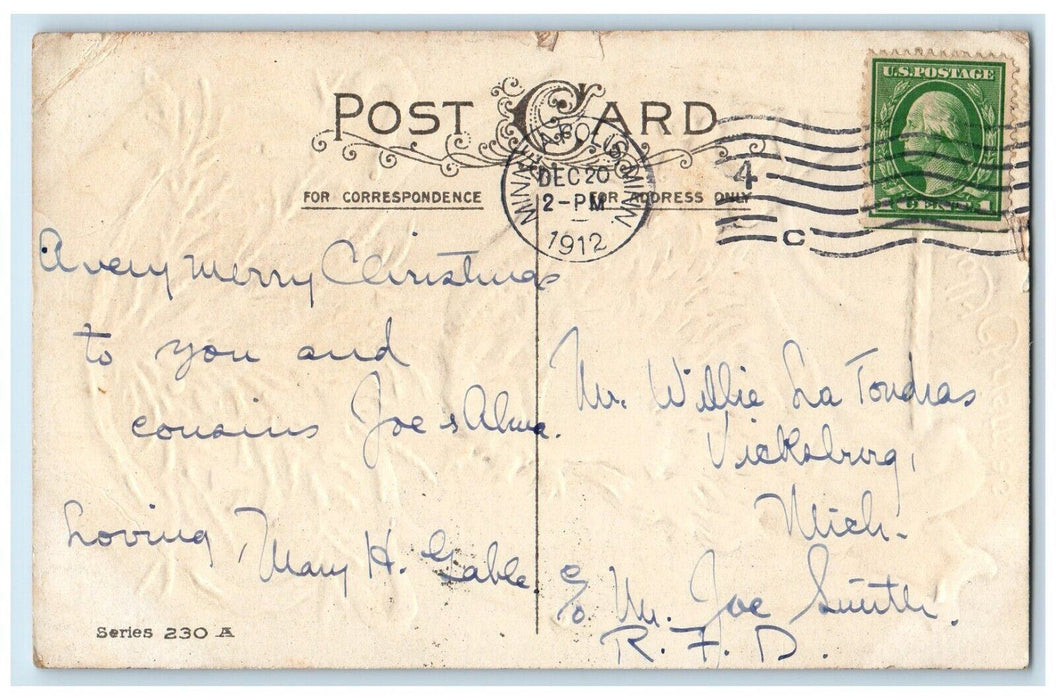 1912 Christmas Tree Santa Claus Sack Of Toys Holly Candles Embossed Postcard