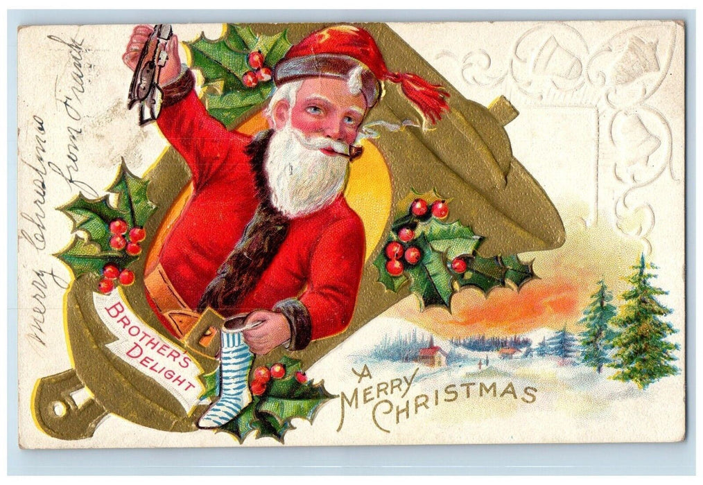 c1910's Christmas Santa Claus Giant Bell Holly Socks Embossed Antique Postcard
