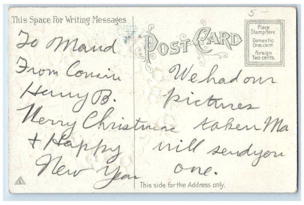 c1910's Christmas Santa Claus Head Candy Cane Holly Whreat Embossed Postcard