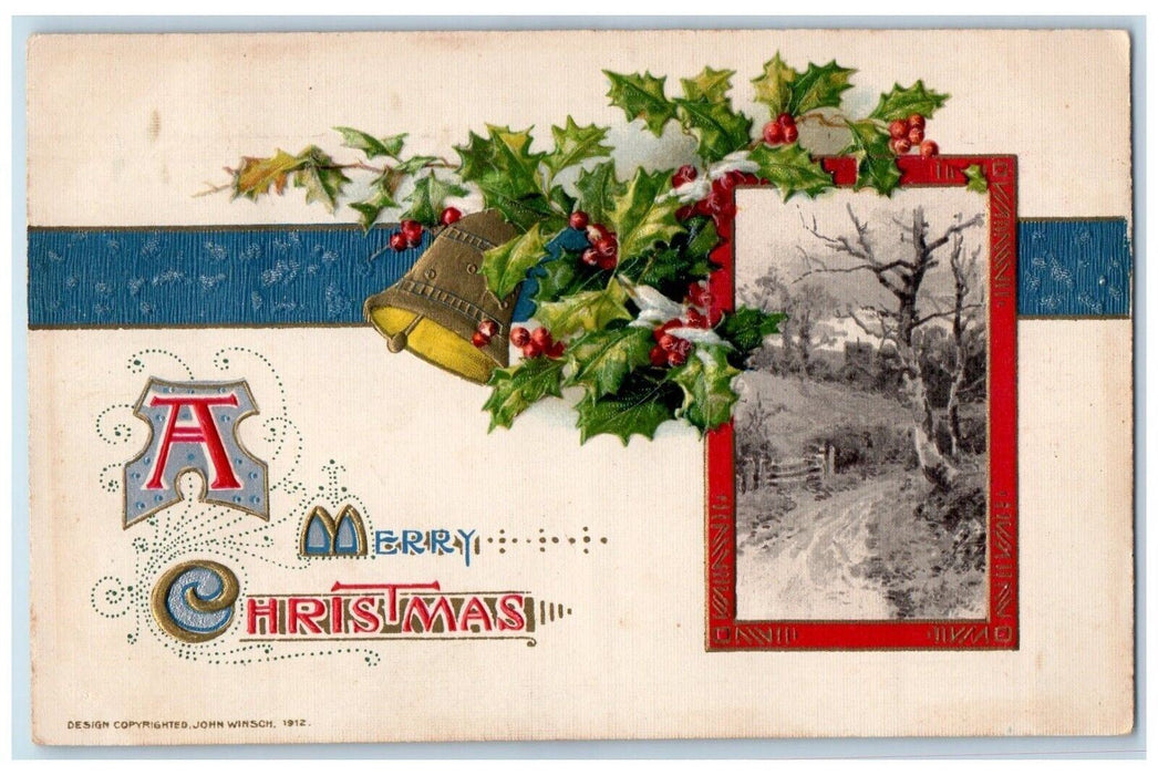 c1910's Christmas Holly Berries Bell Winter Snow Winsch Back Embossed Postcard