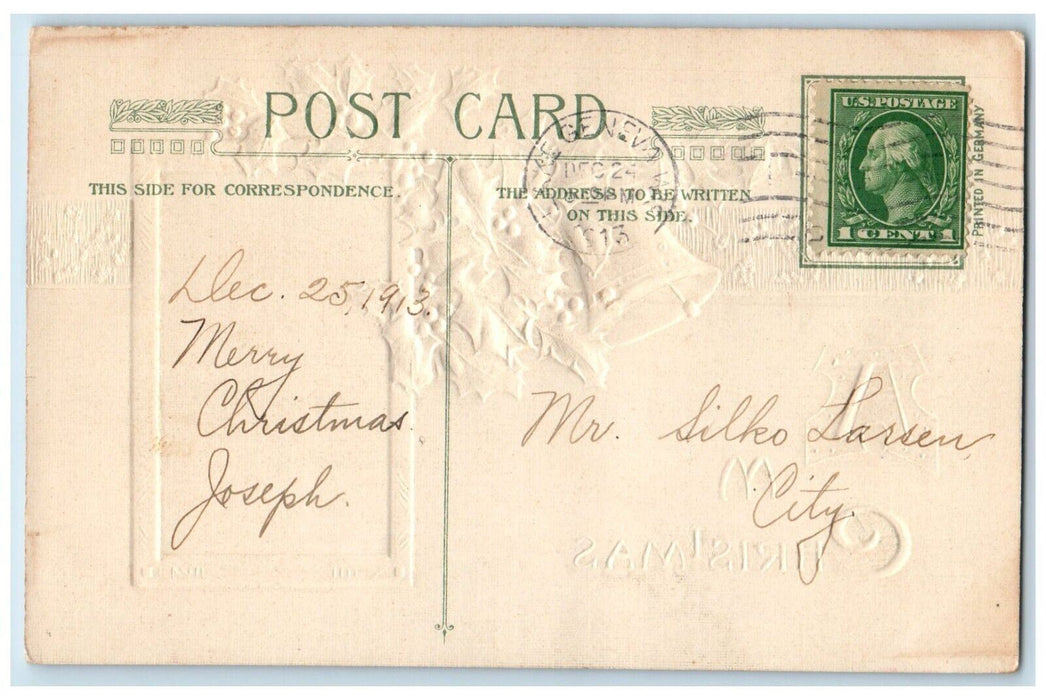 c1910's Christmas Holly Berries Bell Winter Snow Winsch Back Embossed Postcard