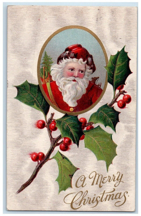 1908 Christmas Santa Claus Holly Berries Winter Snow Hopkins MI Antique Postcard