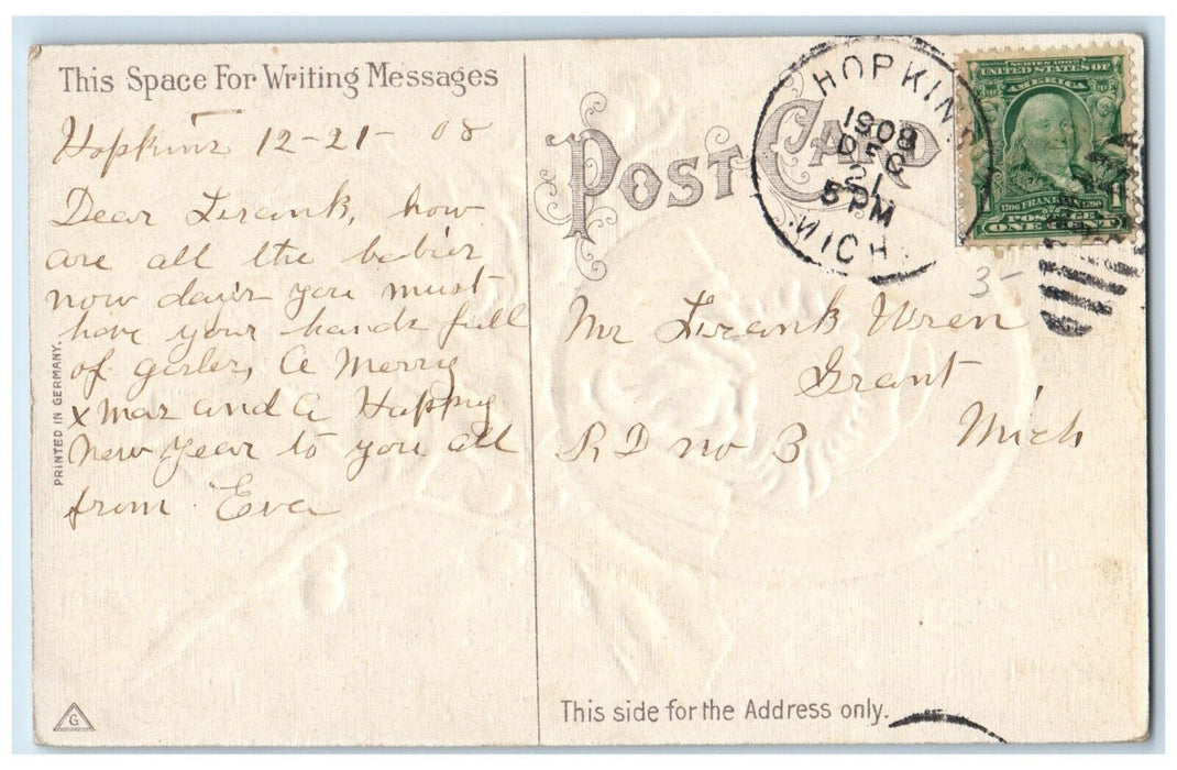 1908 Christmas Santa Claus Holly Berries Winter Snow Hopkins MI Antique Postcard