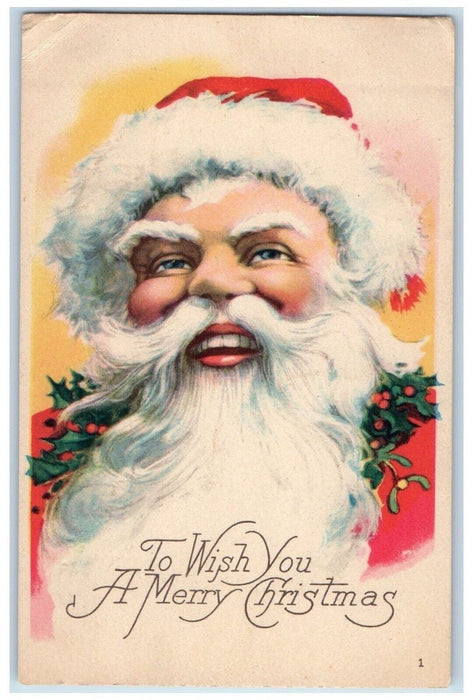 c1905 Christmas Jolly Santa Claus Head Holly Berries Unposted Antique Postcard