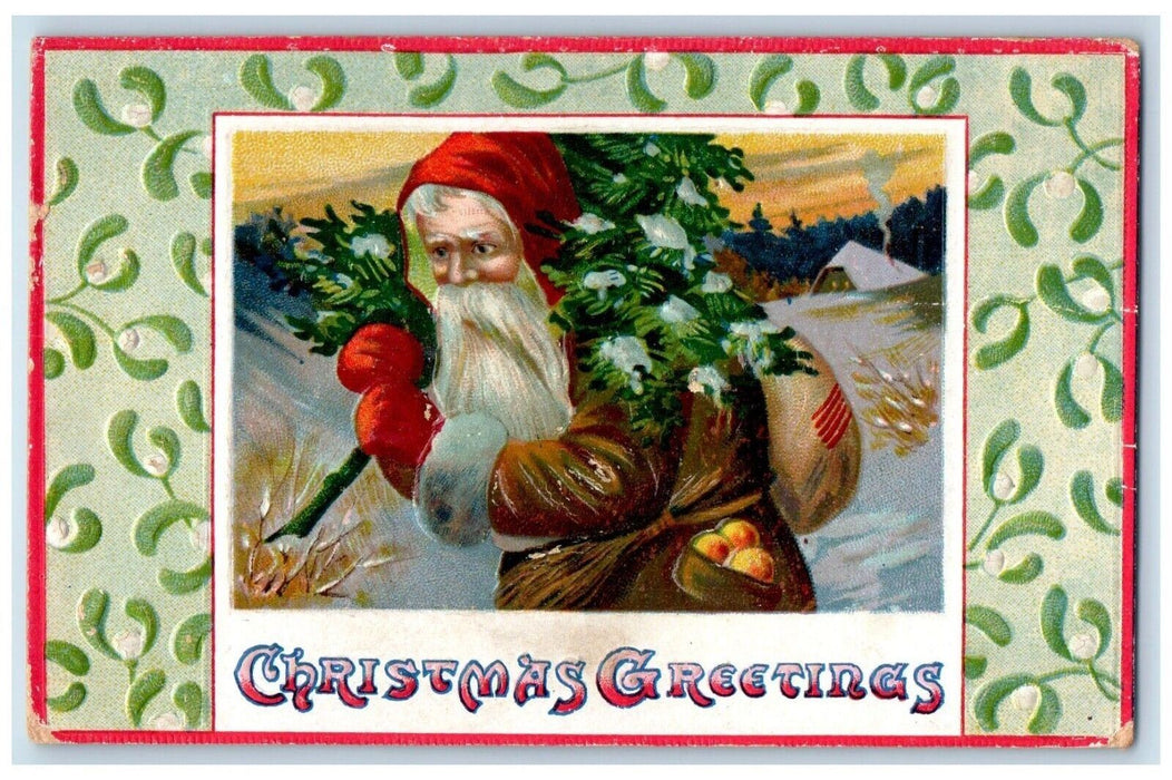 1910 Christmas Greetings Santa Claus Sack Of Toys Embossed Antique Postcard
