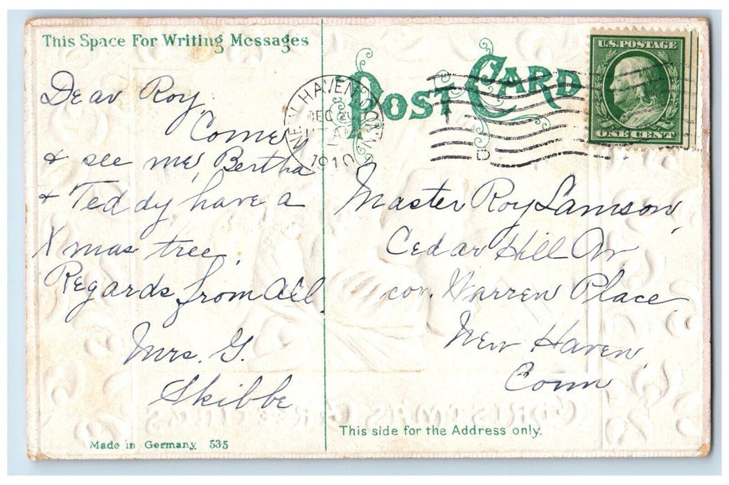 1910 Christmas Greetings Santa Claus Sack Of Toys Embossed Antique Postcard