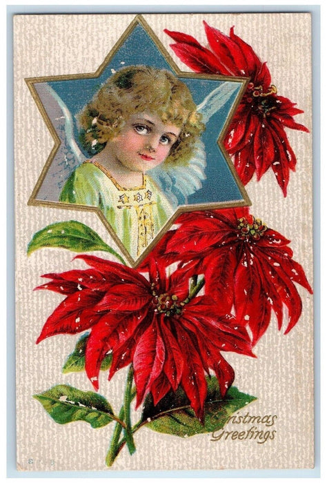 c1910's Christmas Greetings Poinsettia Flowers Embossed Posted Antique Postcard