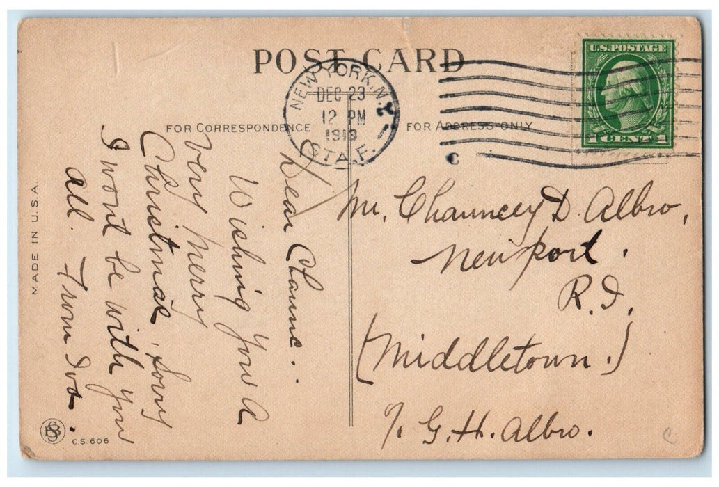 c1910's Christmas Pretty Girl Holly Berries Bell Ribbon Posted Antique Postcard