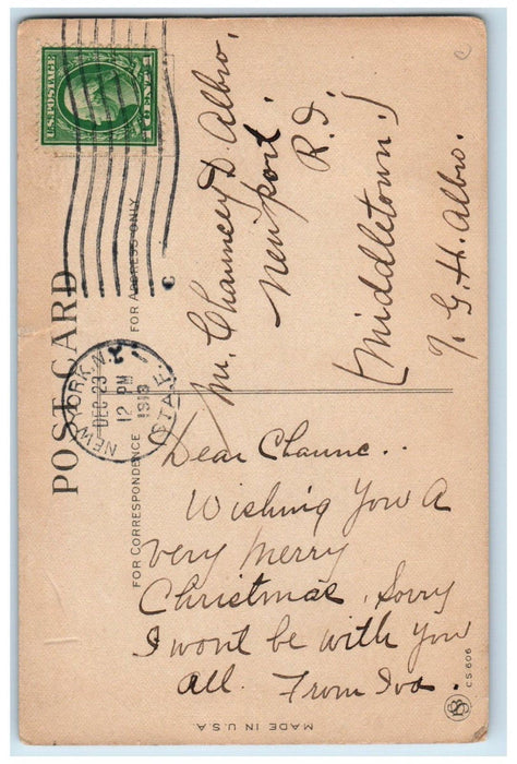 c1910's Christmas Pretty Girl Holly Berries Bell Ribbon Posted Antique Postcard