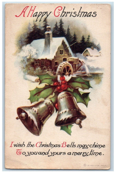 c1910's Christmas Holly Berries Ringing Bells Mill Winter Snow Antique Postcard