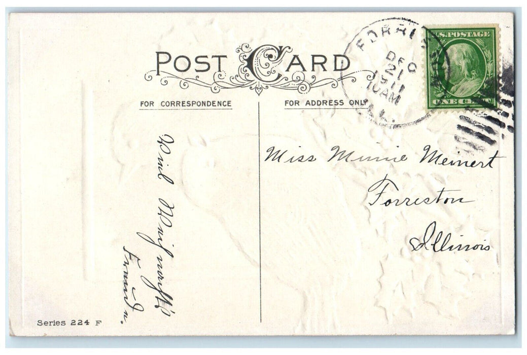 1911 Christmas Holly Berries Song Birds Embossed Posted Antique Postcard