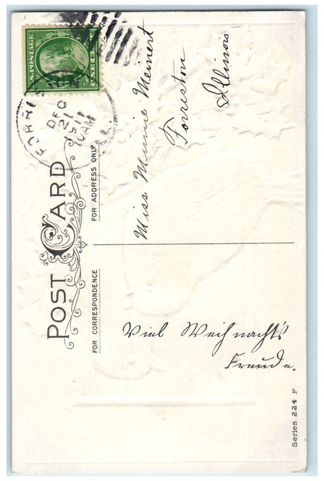 1911 Christmas Holly Berries Song Birds Embossed Posted Antique Postcard