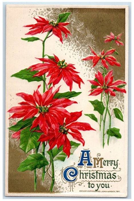 c1910's Christmas Poinsettia Flowers John Winsch Artist Signed Embossed Postcard
