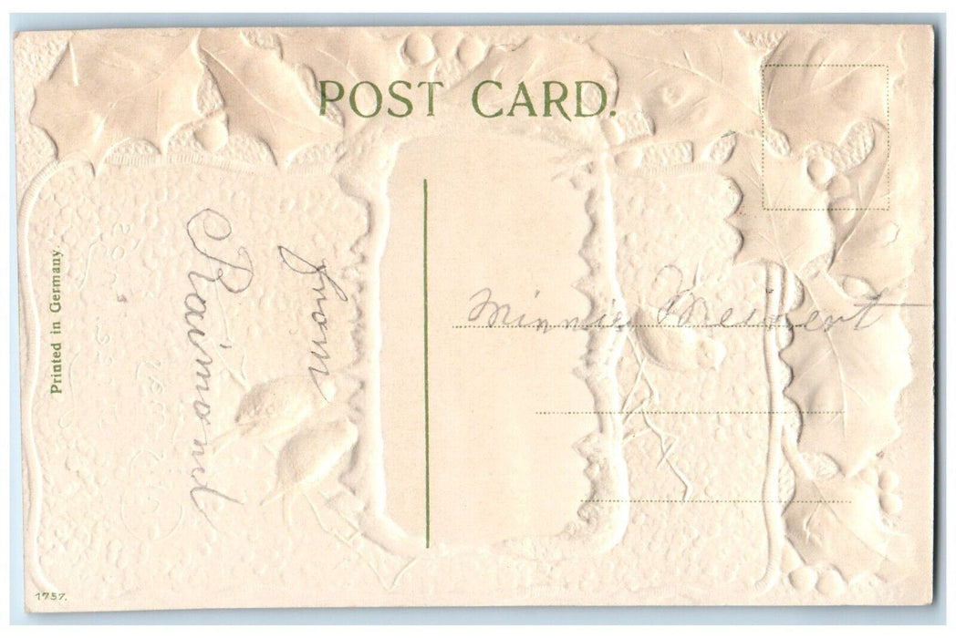 c1910's Christmas Greetings Song Birds Holly Berries Winter Embossed Postcard