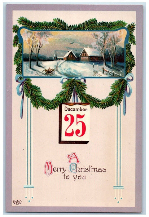 c1910's Christmas December 25 Pine Leaf Winter Snow Posted Antique Postcard