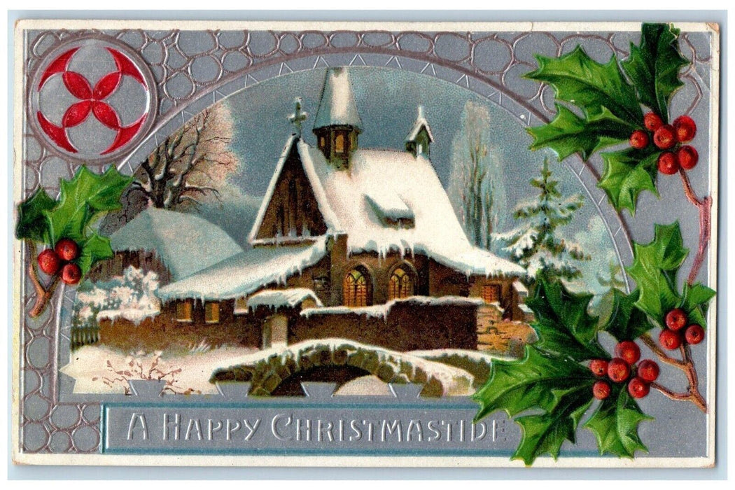 1908 Christmas Holly Berries House Church Covered Snow Winter Embossed Postcard