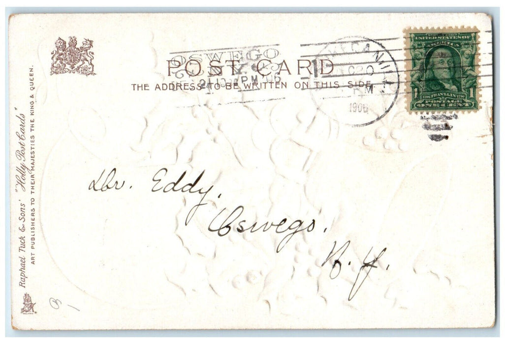1906 Christmas Holly Ringing Gold Bell Embossed Tuck's Posted Antique Postcard