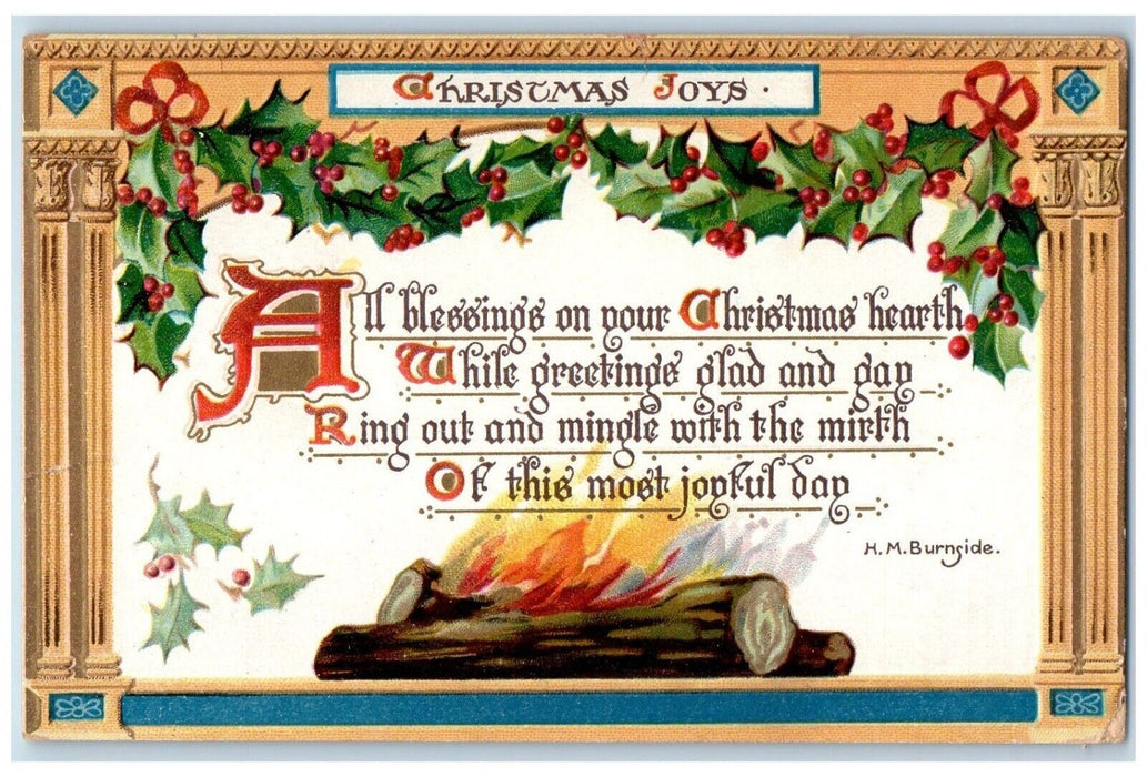 1909 Christmas Joys Holly Berries Logs Fire Embossed Tuck's Antique Postcard