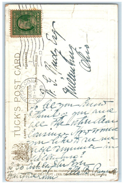 1909 Christmas Joys Holly Berries Logs Fire Embossed Tuck's Antique Postcard