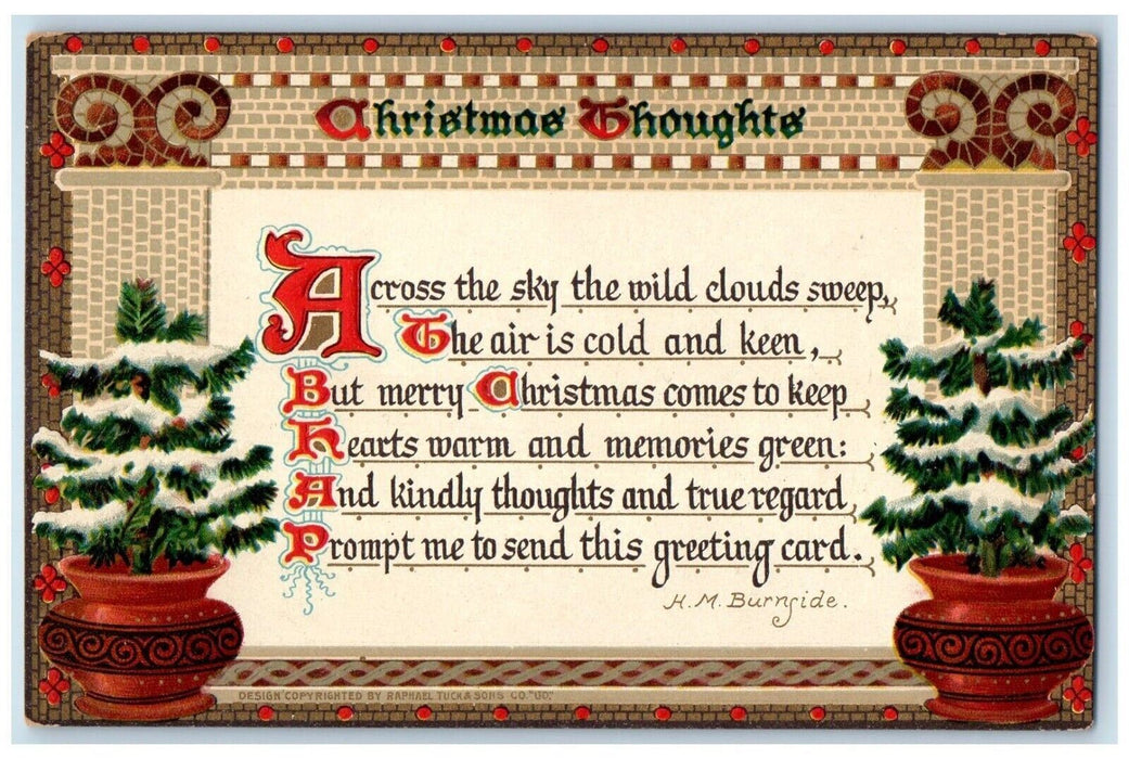 1909 Christmas Thoughts Holly Berries Logs Fire Embossed Tuck's Antique Postcard