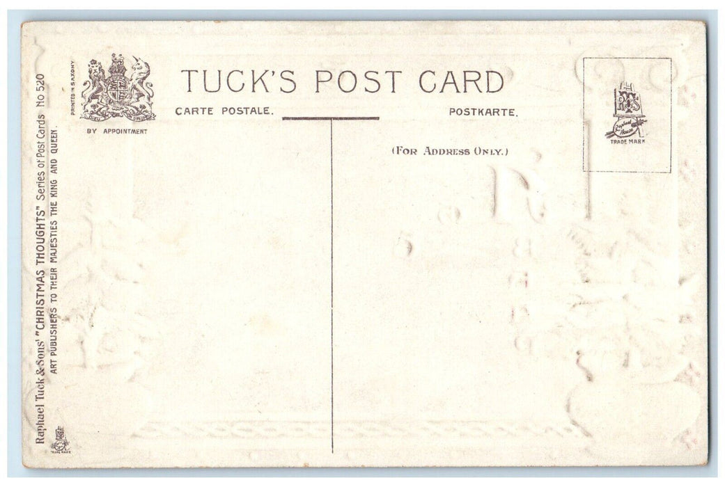 1909 Christmas Thoughts Holly Berries Logs Fire Embossed Tuck's Antique Postcard