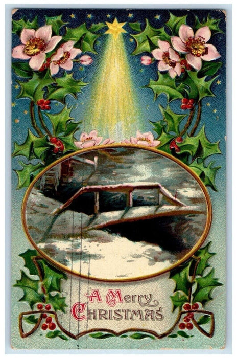1911 Christmas Star Bridge Winter Snow Pink Flowers Holly Berries Postcard