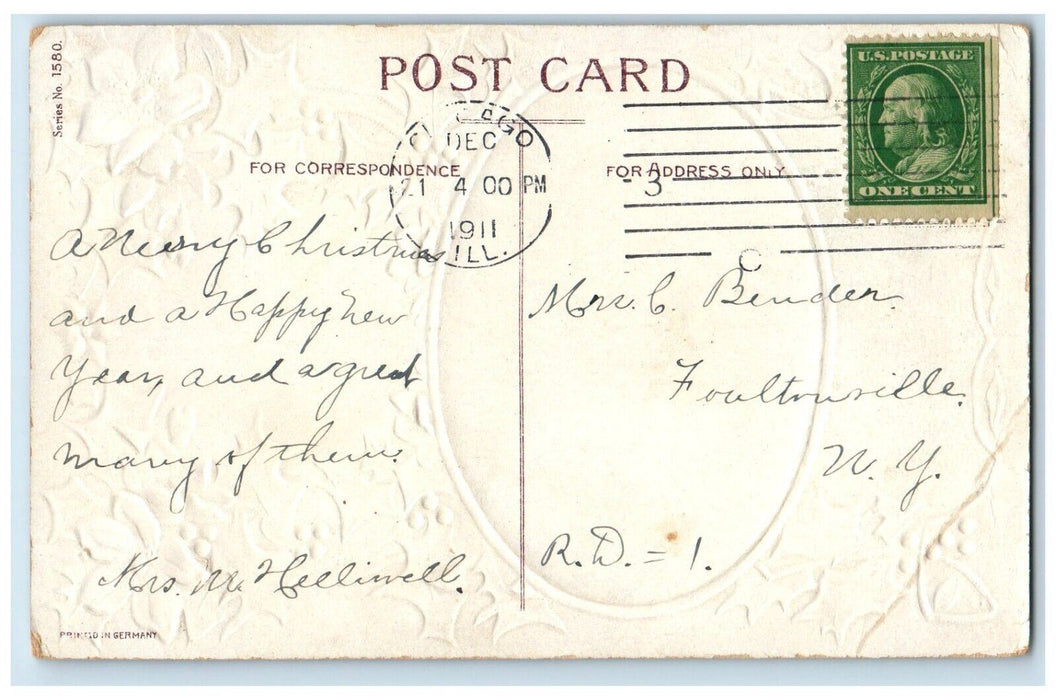 1911 Christmas Star Bridge Winter Snow Pink Flowers Holly Berries Postcard