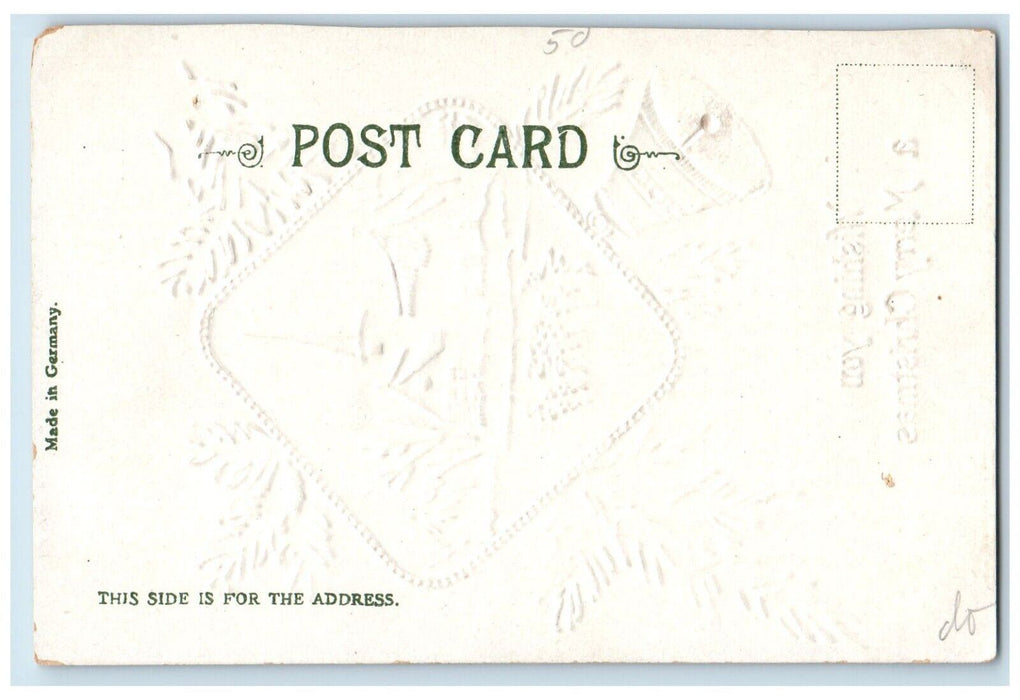 c1905 Christmas Pine Leaf Winter House Church Bell Embossed Antique Postcard