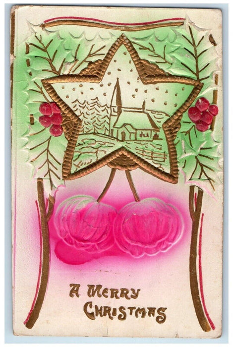 1910 Christmas Holly Gold Star Airbrushed Embossed Wellsburg VA Antique Postcard