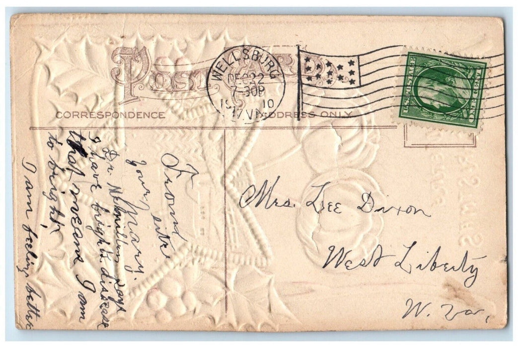 1910 Christmas Holly Gold Star Airbrushed Embossed Wellsburg VA Antique Postcard