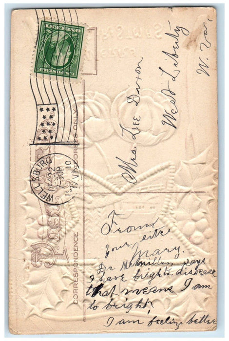 1910 Christmas Holly Gold Star Airbrushed Embossed Wellsburg VA Antique Postcard