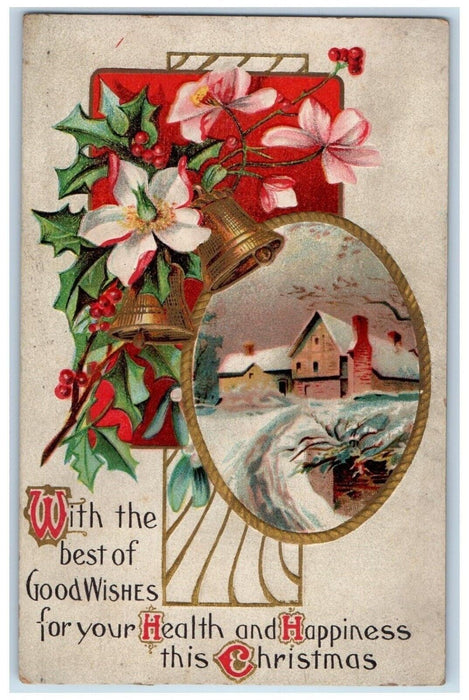 1916 Christmas Holly Bell Flowers Winter Snow House Embossed Antique Postcard