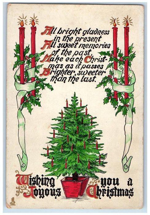 1912 Christmas Tree Holly Candles Ribbon Embossed Tuck's Antique Postcard