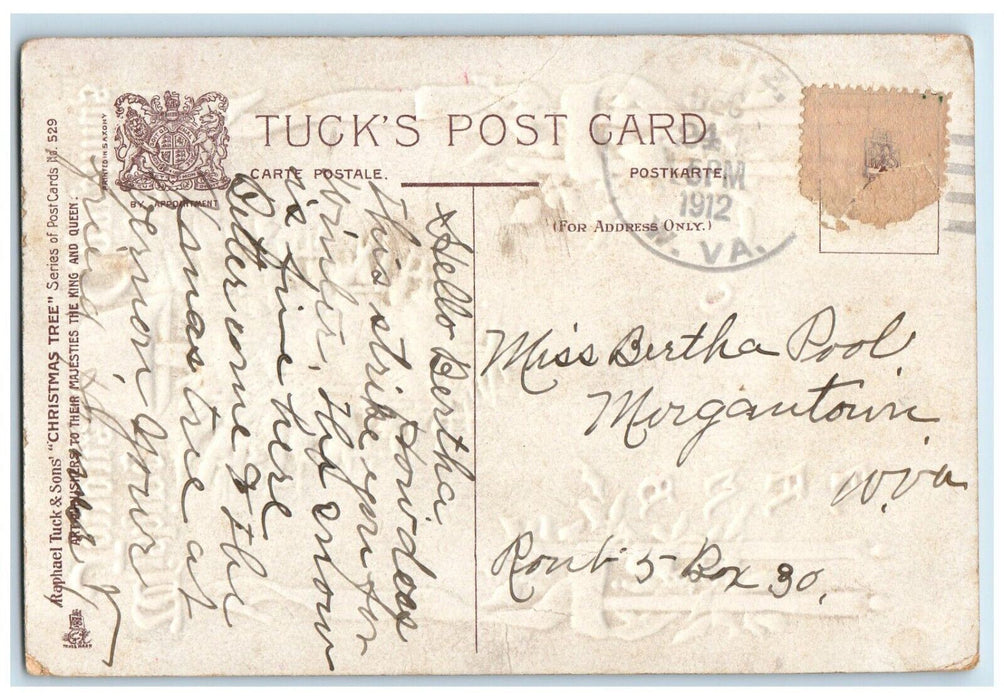 1912 Christmas Tree Holly Candles Ribbon Embossed Tuck's Antique Postcard