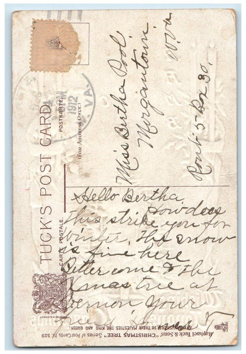1912 Christmas Tree Holly Candles Ribbon Embossed Tuck's Antique Postcard