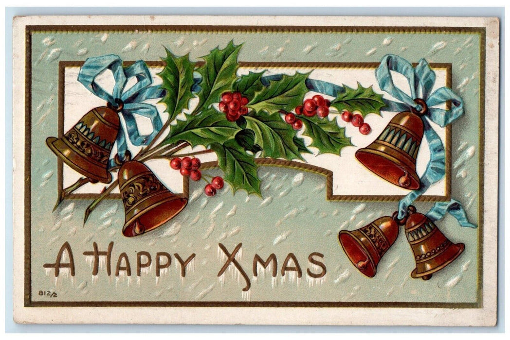 c1910's Christmas Holly Berries Bells Blue Ribbon Embossed Antique Postcard