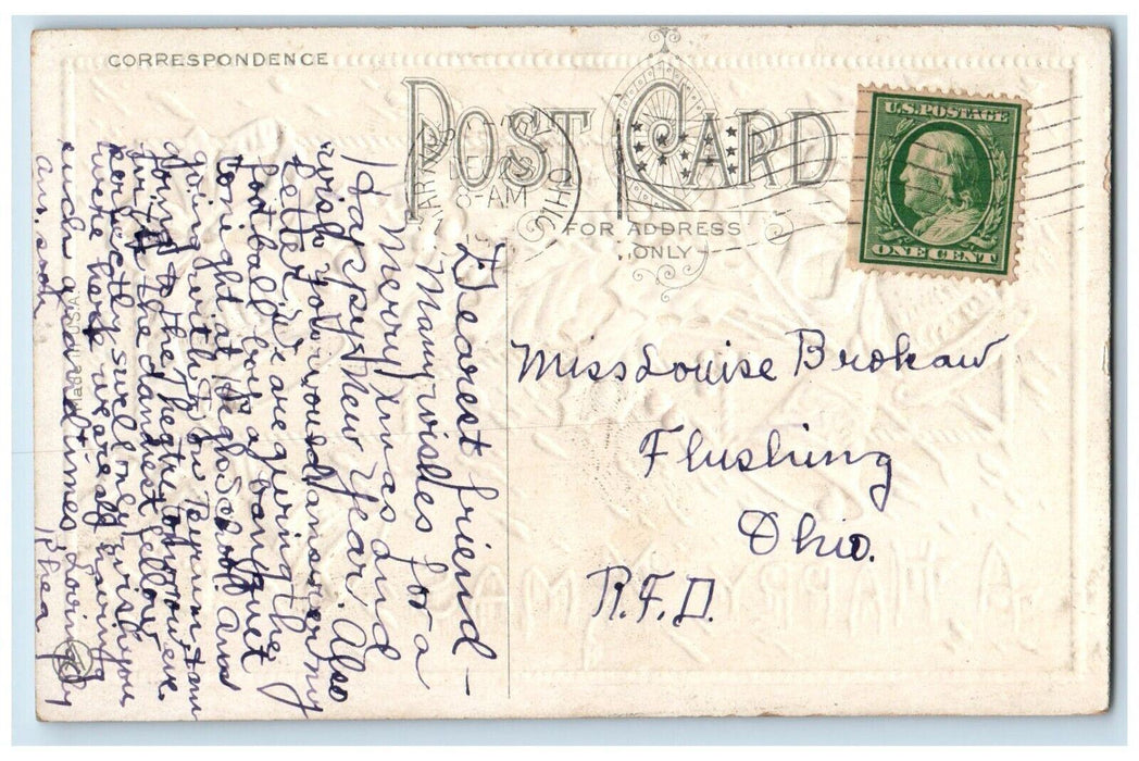 c1910's Christmas Holly Berries Bells Blue Ribbon Embossed Antique Postcard