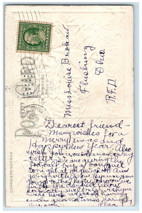 c1910's Christmas Holly Berries Bells Blue Ribbon Embossed Antique Postcard