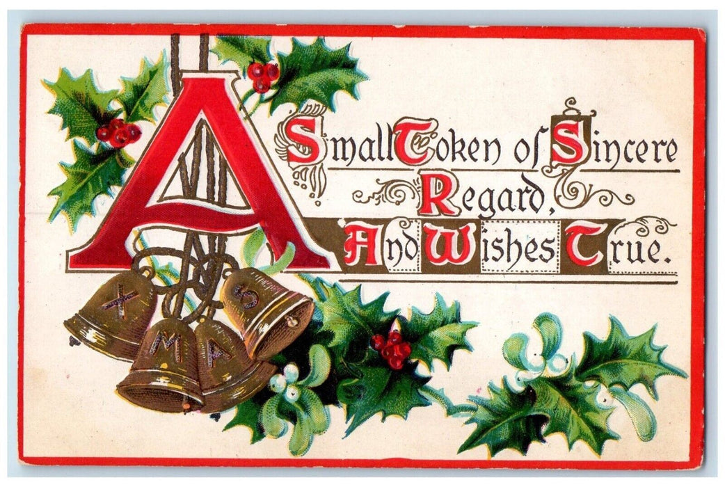 1909 Christmas Holly Berries Gold Bells Embossed Posted Antique Postcard