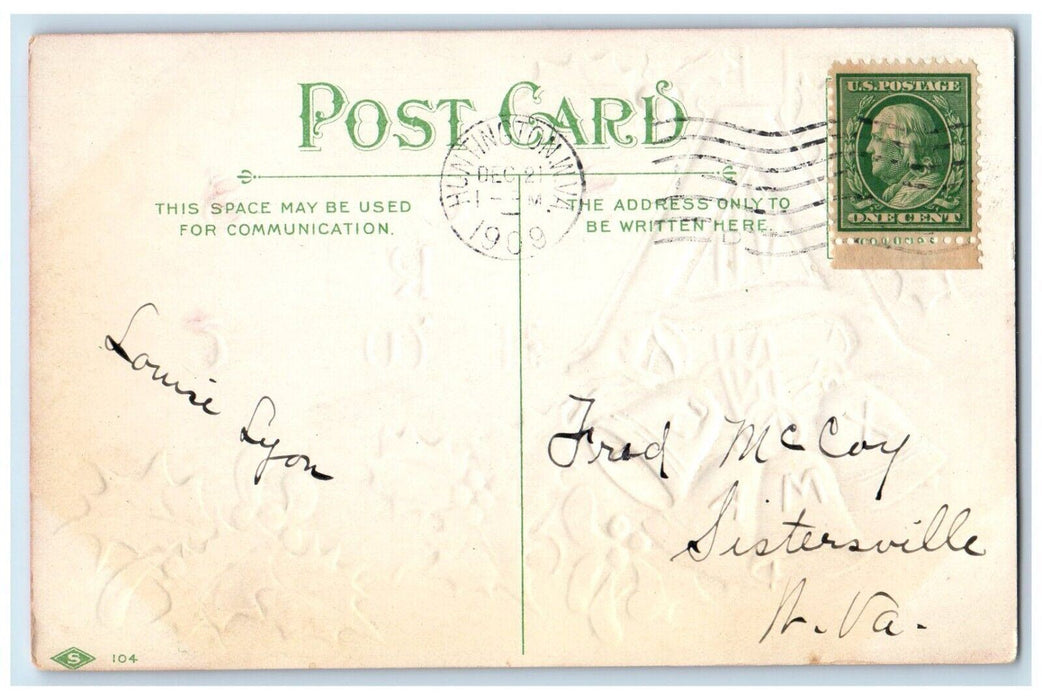 1909 Christmas Holly Berries Gold Bells Embossed Posted Antique Postcard