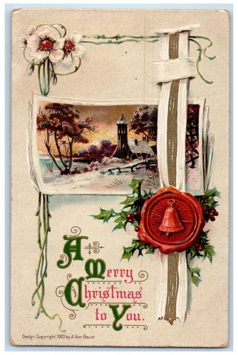 c1910's Christmas Holly Berries Bell Flowers House River Embossed Postcard