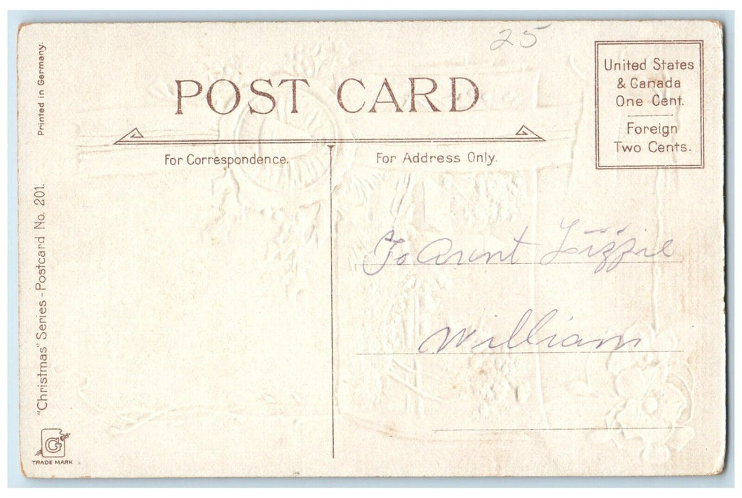 c1910's Christmas Holly Berries Bell Flowers House River Embossed Postcard