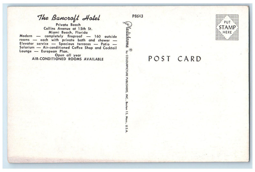 c1950's Bancroft Hotel Private Beach Miami Beach Florida FL Postcard