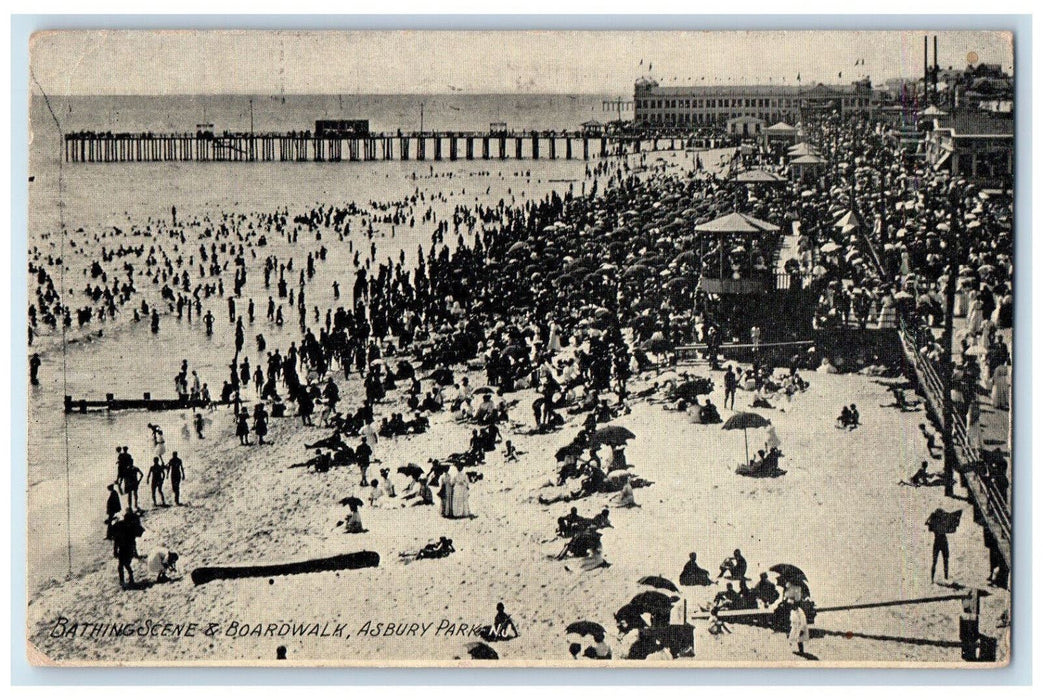 1911 Bathing Scene & Boardwalk Asbury Park New Jersey NJ Antique Postcard