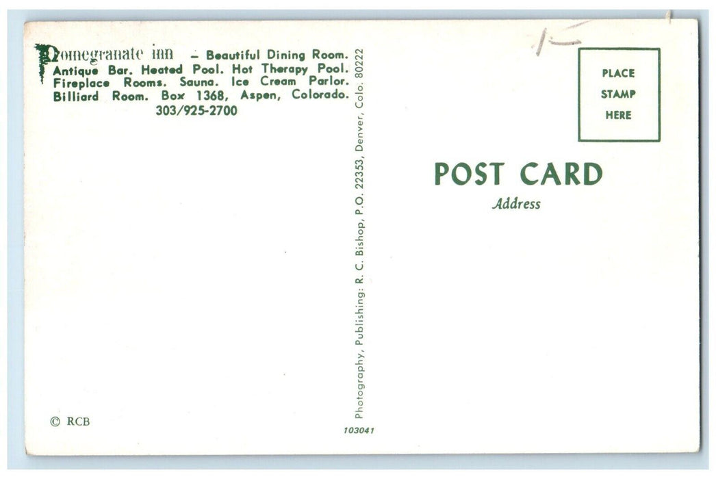 1960 Pomegranate Inn Dining Room Antique Bar Heated Pool Aspen Colorado Postcard