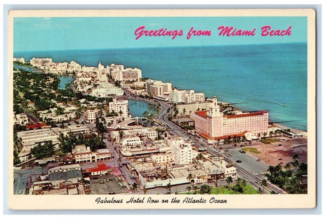1966 Greetings From Miami Beach Hotel Row Atlantic Ocean Florida Posted Postcard