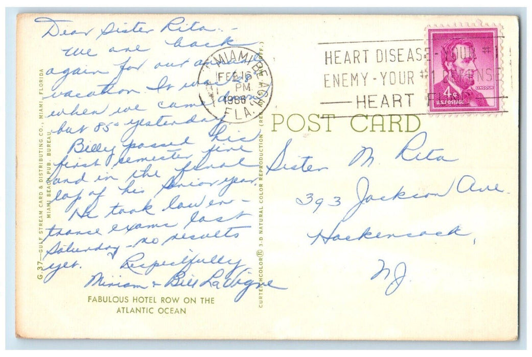 1966 Greetings From Miami Beach Hotel Row Atlantic Ocean Florida Posted Postcard