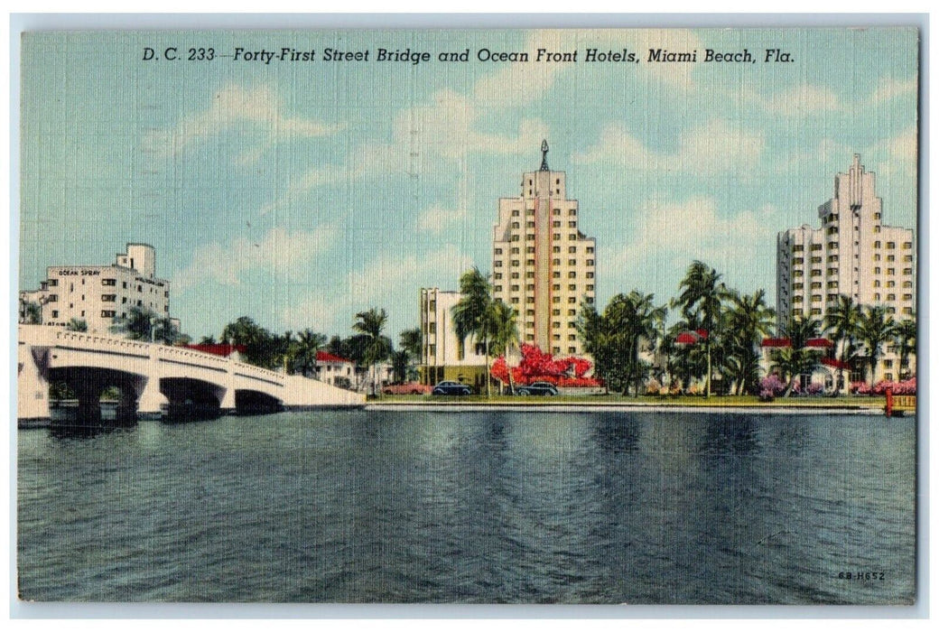 1943 Forty First Street Bridge Ocean Front Hotels Miami Beach Florida Postcard