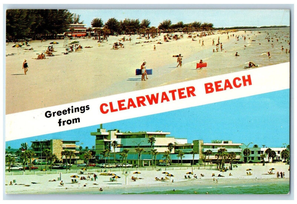 c1960 Greetings Clearwater Beach Sand Hotel Fishing Pier Florida Banner Postcard