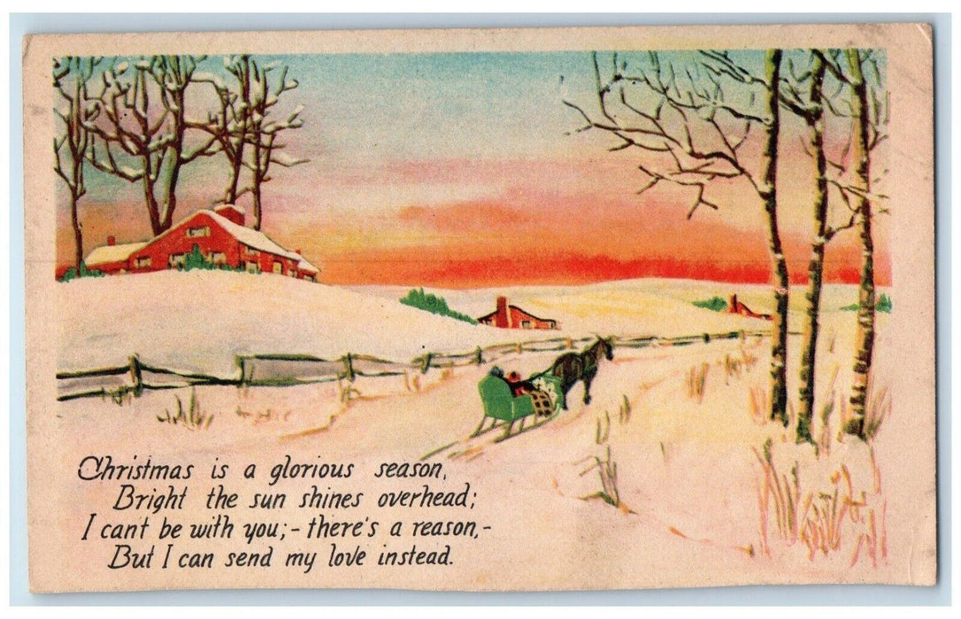 c1910's Christmas Horse Cart Sledding Winter Snow House Antique Postcard